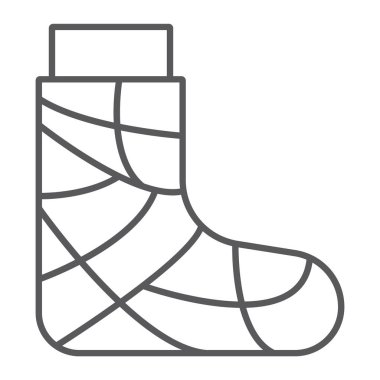 Alçı ince çizgi simgesi, travma ve yaralanma, ayak işareti, vektör grafikleri, doğrusal bir desen beyaz zemin üzerine bandaj.