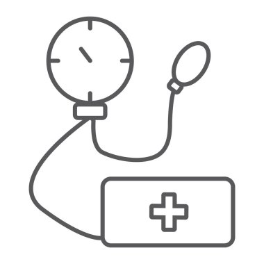 Tonometer ince bir çizgi simgesi, tıp ve sağlık, ölçüm aracı işareti, vektör grafikleri, doğrusal model beyaz bir arka plan üzerinde.