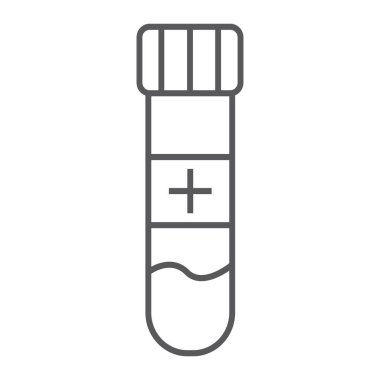 Tüp ince çizgi simgesi, tıp ve donanımları, laboratuvar şişesi işareti, vektör grafikleri, doğrusal model beyaz bir arka plan üzerinde.
