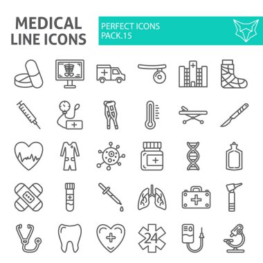 Tıbbi satırı simgesi ayarla, hastane semboller koleksiyonu, vektör çizimler, logo illüstrasyonlar, ilaç doğrusal sembollerin paket izole işaretleri beyaz arka plan.