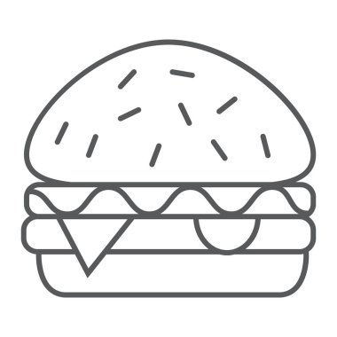 Burger ince çizgi simgesi, gıda ve yemek, hamburger işareti, vektör grafikleri, doğrusal model beyaz bir arka plan üzerinde.
