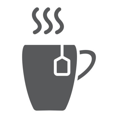 Kupası glif simgesi, yiyecek ve içecek, sıcak çay işareti, vektör grafikleri, beyaz zemin üzerinde sağlam bir desen.