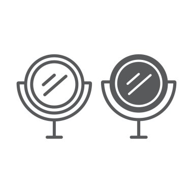 Tablo ayna çizgi ve glif simgesi, cam ve yansıma yuvarlak ayna imzalayın, vektör grafikleri, doğrusal model beyaz bir arka plan üzerinde.