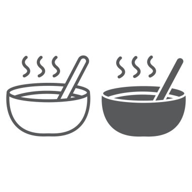 Çorba satır ve karakter simgesi, gıda ve yemek, kase işareti, vektör grafikleri, doğrusal model beyaz bir arka plan üzerinde.