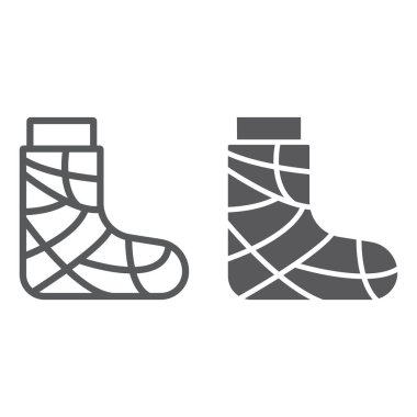 Alçı hat ve glif simgesi, travma ve yaralanma, ayak işareti, vektör grafikleri, doğrusal bir desen beyaz zemin üzerine bandaj.