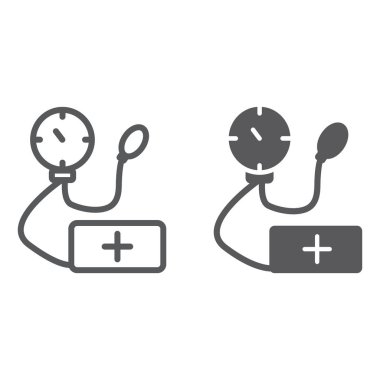 Tonometer satır ve karakter simgesi, tıp ve sağlık, ölçüm aracı işareti, vektör grafikleri, doğrusal model beyaz bir arka plan üzerinde.