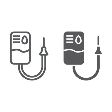 Kan paketi satır ve karakter simgesi, tıp ve çanta işareti, vektör grafikleri, doğrusal model beyaz bir arka plan üzerinde kan bağışı.