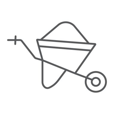 El arabası ince çizgi simgesi, arabası ve aracı, sepeti işareti, vektör grafikleri, doğrusal model beyaz bir arka plan üzerinde.