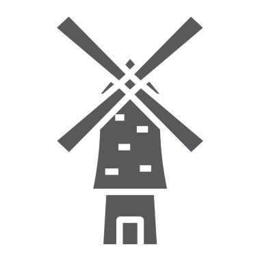 Yel değirmeni glif simgesi, enerji ve Rüzgar, değirmen işareti, vektör grafikleri, beyaz zemin üzerinde sağlam bir desen.
