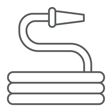 Bahçe hortumu ince çizgi simgesi, aracı ve sulama, yağmurlama işareti, vektör grafikleri, doğrusal model beyaz bir arka plan üzerinde.