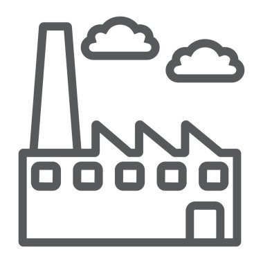 Fabrika satırı simgesi, çevre ve üretim, bitki işareti, vektör grafikleri, doğrusal model beyaz bir arka plan üzerinde.