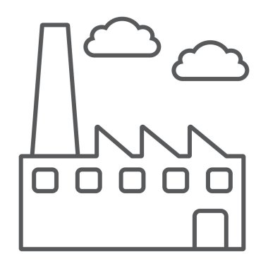 Fabrika ince çizgi simgesi, çevre ve üretim, bitki işareti, vektör grafikleri, doğrusal model beyaz bir arka plan üzerinde.