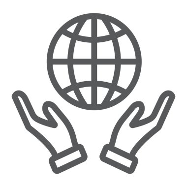 Eller satırı simgesi, ekoloji ve Küre, kollarında planet Earth işareti, vektör grafikleri, doğrusal model beyaz bir arka plan üzerinde.