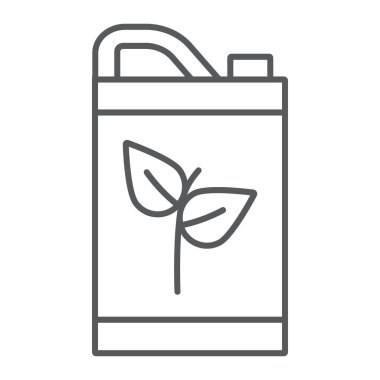 Eko yakıt ince satır simgesi, biyo ve varil, teneke kutu işareti, vektör grafikleri, doğrusal model beyaz bir arka plan üzerinde.