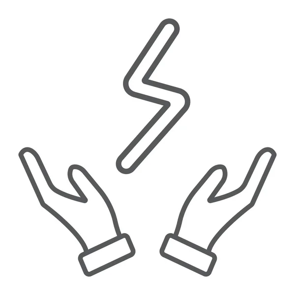Boulon dans les mains icône de ligne mince, électrique et de puissance, signe de la foudre, graphiques vectoriels, un motif linéaire sur un fond blanc . — Image vectorielle