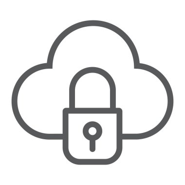 Bulut ve satırı simgesi, veri kilit ve korumak, güvenlik işareti, vektör grafikleri, doğrusal model beyaz bir arka plan üzerinde bulut.