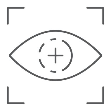 Göz taraması ince çizgi simgesi, erişim ve tanımlama, Retina tarama işareti, vektör grafikleri, beyaz arka planda doğrusal bir desen.