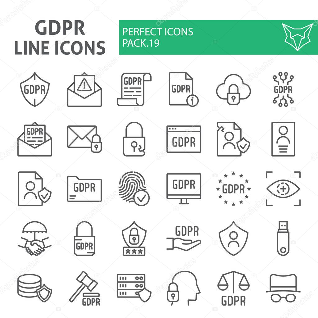 Gdpr line icon set, general data protection regulation symbols collection, vector sketches, logo illustrations, security signs linear pictograms package isolated on a white background.