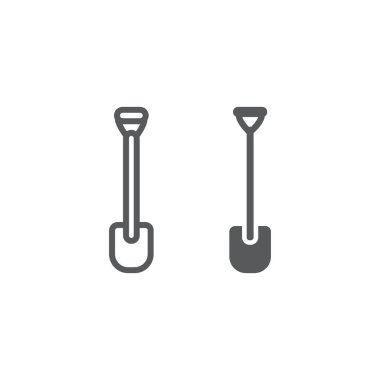 Kürek çizgisi ve glif simgesi, araç ve çiftlik, kazıcı işareti, vektör grafikleri, beyaz arka planda doğrusal bir desen.