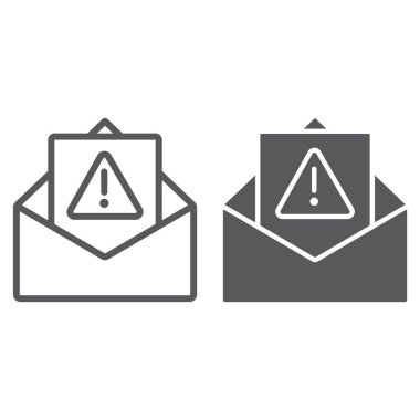 Spam uyarı hattı ve glif simgesi, mektup ve e-posta, uyarı posta işareti, vektör grafikleri, beyaz bir arka planda doğrusal bir desen.