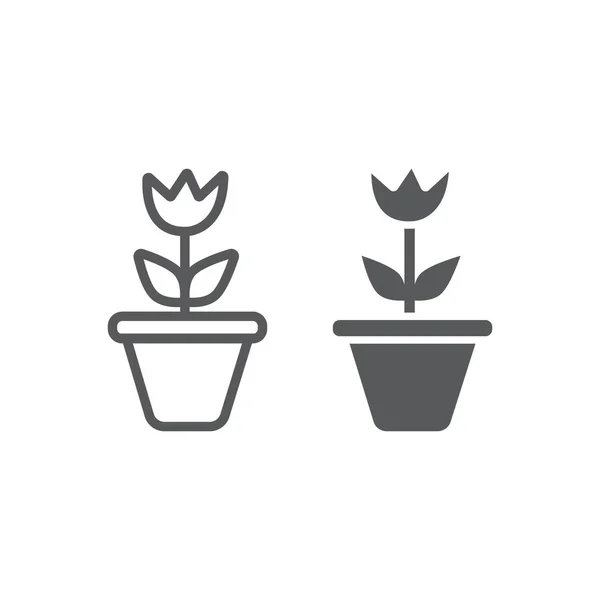 Flor en la línea del pote y glifo icono, jardinería y crecer, signo de la planta, gráficos vectoriales, un patrón lineal sobre un fondo blanco . — Vector de stock