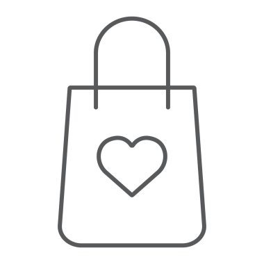 Kalp ince çizgi simgesi, paket ve hediye, hediye çanta alışveriş çantası işareti, vektör grafikleri, doğrusal model beyaz bir arka plan üzerinde.