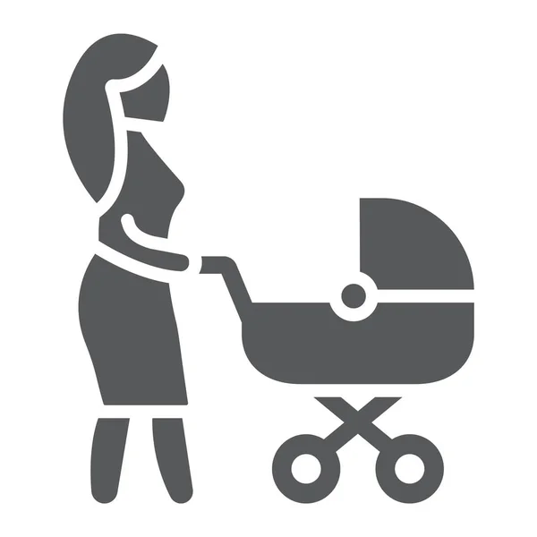 Maminka s ikonou glyf kočár, péče a dítě, Žena s kočárkem znamení, vektorové grafiky, solidní vzor na bílém pozadí. — Stockový vektor