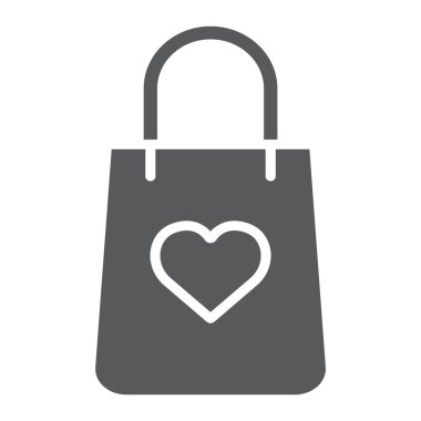 Alışveriş çantası ile kalp glif simgesi, paket ve hediye, hediye paketi imzalamak, vektör grafikleri, beyaz zemin üzerinde sağlam bir desen.