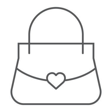 Kadınlar bag ince çizgi simgesi, kız ve çanta, el çantası işareti, vektör grafikleri, doğrusal model beyaz bir arka plan üzerinde.