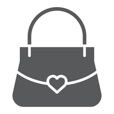 Kadınlar bag glif simgesi, kız ve çanta, el çantası işareti, vektör grafikleri, beyaz zemin üzerinde sağlam bir desen.