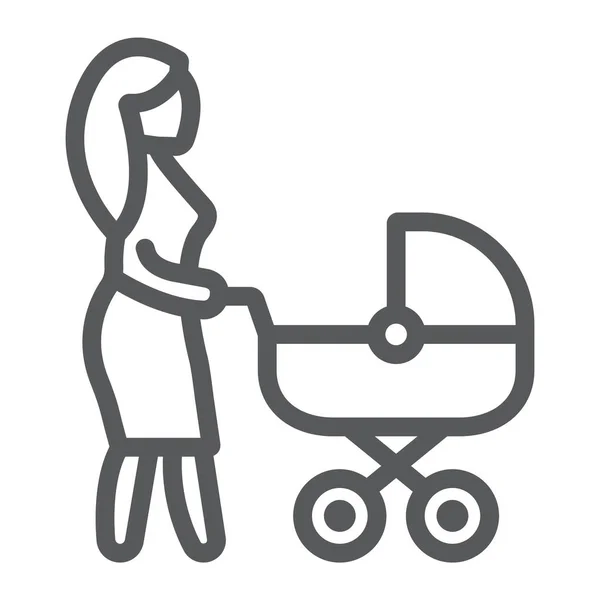 Maminka s ikona čáry kočár, péče a dítě, Žena s kočárkem znamení, vektorové grafiky, lineární vzor na bílém pozadí. — Stockový vektor