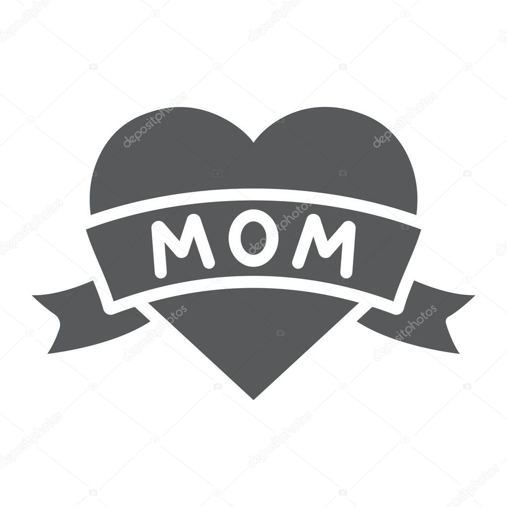 Heart with mom inscription glyph icon, love and mother, love mom tatoo sign, vector graphics, a solid pattern on a white background, eps 10.