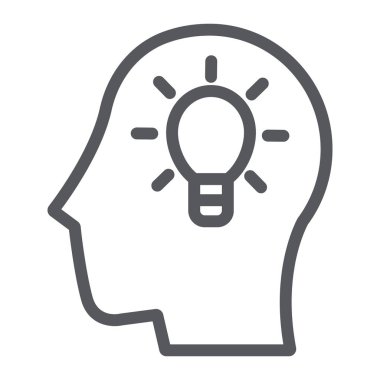 Vektör grafikleri, doğrusal model beyaz bir arka plan üzerinde fikir satırı simgesi, yaratıcı ve yenilik, lamba işaretiyle baş.