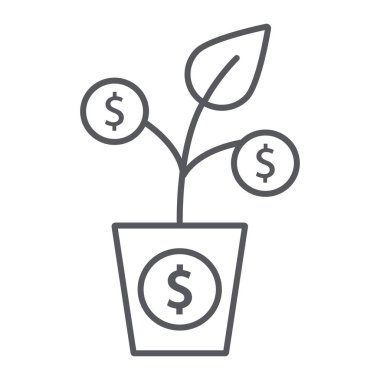 Para ağaç ince çizgi simgesiyle, para birimi ve büyüme, finans bitki işareti, vektör grafikleri, doğrusal model beyaz bir arka plan üzerinde.