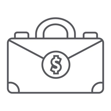 Para bavul ince çizgi simgesi, çanta ve iş, durum işareti, vektör grafikleri, doğrusal model beyaz bir arka plan üzerinde.