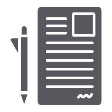 Belge ve glif simgesi, office kalem ve kağıt, kayıt formu işareti, vektör grafikleri, beyaz zemin üzerinde sağlam bir desen.