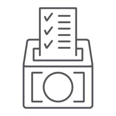 Anket ince çizgi simgesi, oy ve konteyner, oy sandığı işareti, vektör grafikleri, doğrusal model beyaz bir arka plan üzerinde.