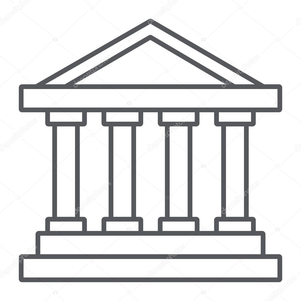 Bank building thin line icon, architecture and column, house sign, vector graphics, a linear pattern on a white background, eps 10.