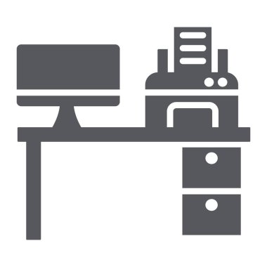 Bilgisayar Resepsiyon glif kutsal kişilerin resmi, office ve tablo, çalışma alanı'nı işaret, vektör grafikleri, beyaz zemin üzerinde sağlam bir desen.