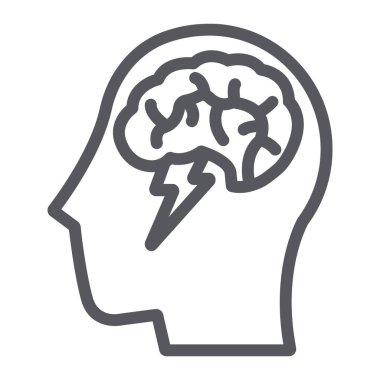 Satırı simgesi, yaratıcı beyin fırtınası ve fikir, beyin ve gök gürültüsü işareti, vektör grafikleri, doğrusal model beyaz bir arka plan üzerinde.