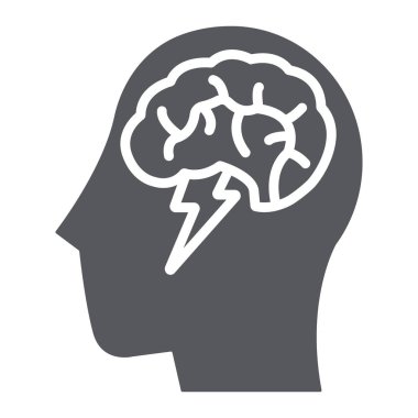 Glif simgesi, yaratıcı beyin fırtınası ve fikir, beyin ve gök gürültüsü işareti, vektör grafikleri, beyaz zemin üzerinde sağlam bir desen.