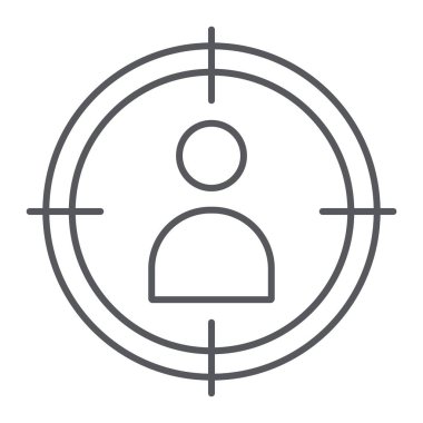 İnsanlar hedef ince çizgi simgesini, hedefleme ve odak, bizzat amaç işareti, vektör grafikleri, doğrusal model beyaz bir arka plan üzerinde.