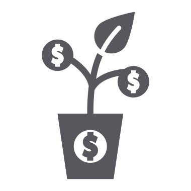 Para ağacı glif simgesi, para birimi ve büyüme, finans bitki işareti, vektör grafikleri, beyaz zemin üzerinde sağlam bir desen.