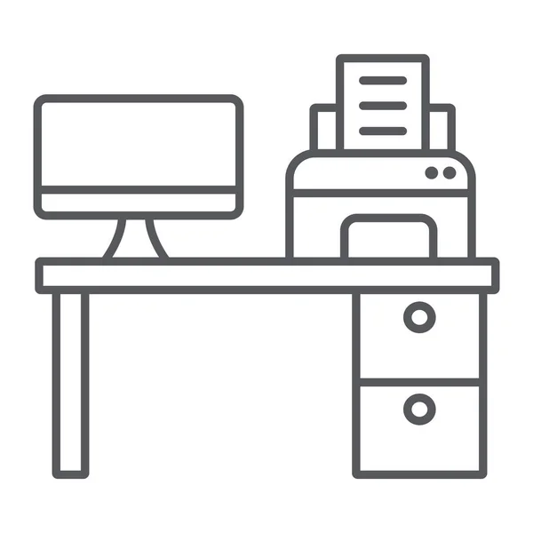 Escritorio de la computadora icono de línea delgada, oficina y mesa, signo del lugar de trabajo, gráficos vectoriales, un patrón lineal sobre un fondo blanco . — Vector de stock