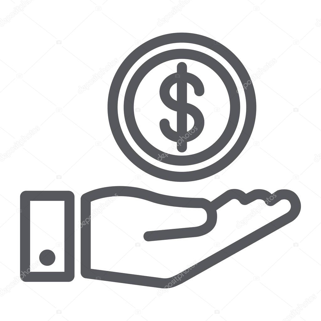 Funding line icon, finance and banking, money in hand sign, vector graphics, a linear pattern on a white background, eps 10.