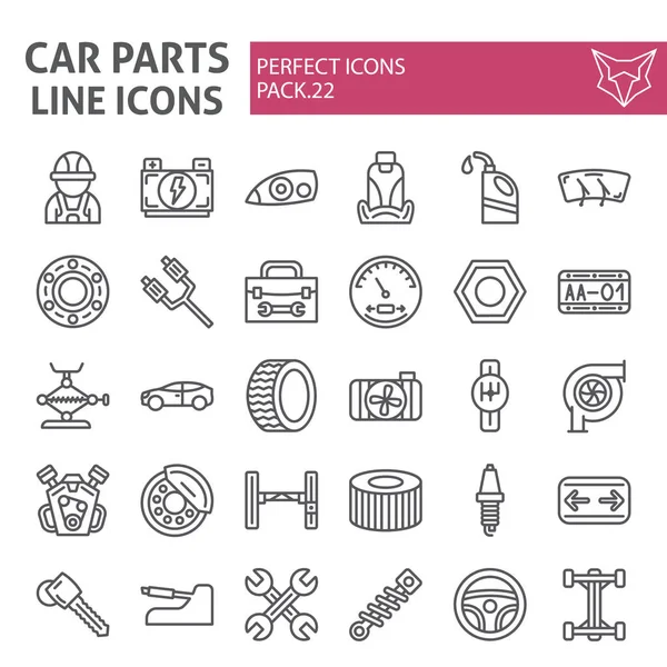 Conjunto de iconos de línea de piezas de automóvil, colección de símbolos de automóvil, bocetos vectoriales, ilustraciones de logotipo, signos de reparación de automóviles paquete de pictogramas lineales aislados sobre fondo blanco . — Vector de stock