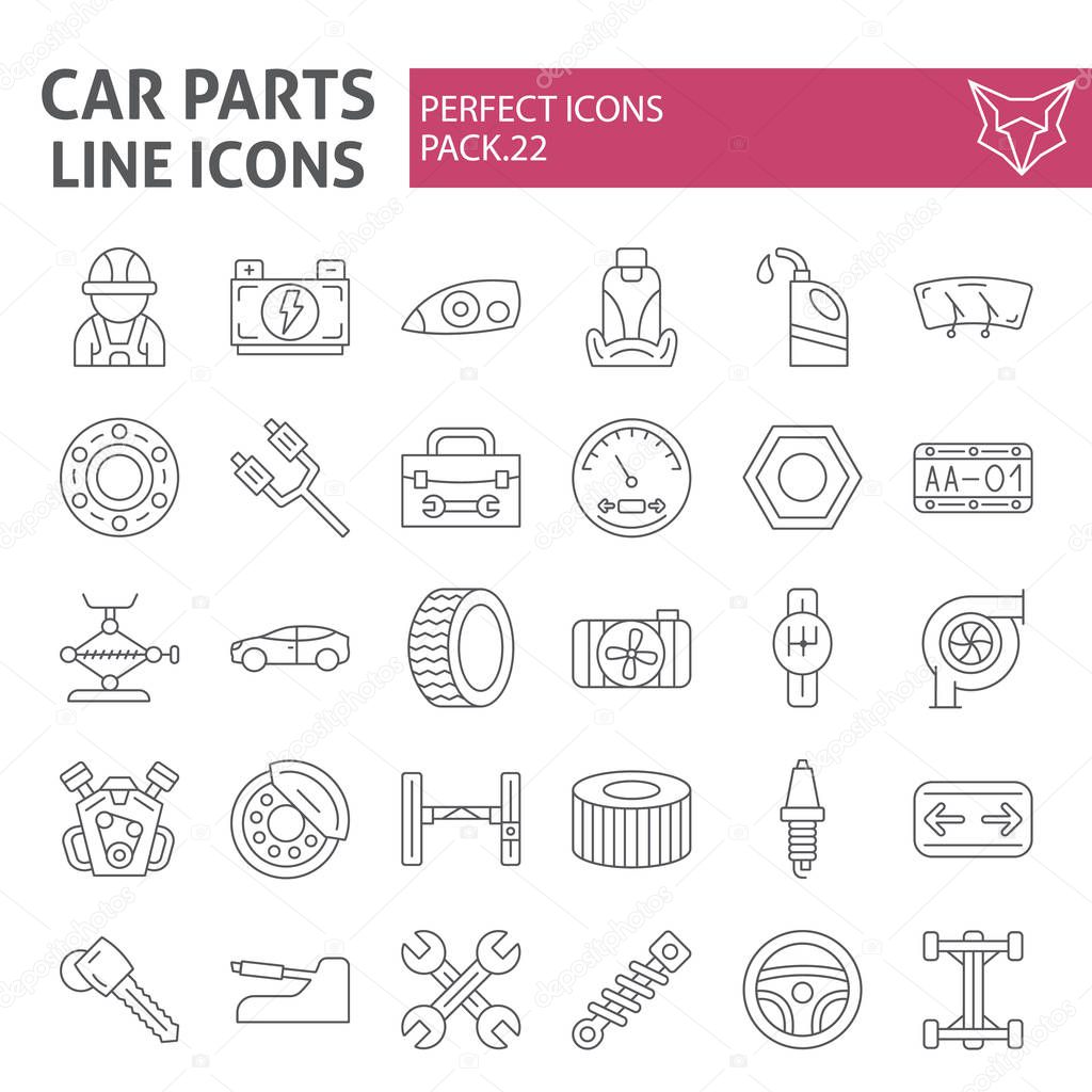 Car parts thin line icon set, automobile symbols collection, vector sketches, logo illustrations, auto repair signs linear pictograms package isolated on white background, eps 10.