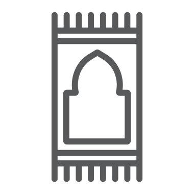 Dua halı satırı simgesi, Arapça ve halı, dua yastık işareti, vektör grafikleri, doğrusal model beyaz bir arka plan üzerinde.