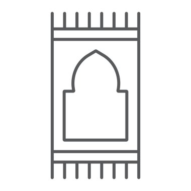 Dua halı ince çizgi simgesi, Arapça ve halı, dua yastık işareti, vektör grafikleri, doğrusal model beyaz bir arka plan üzerinde.