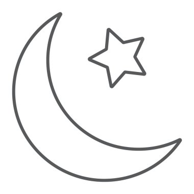 İslam Hilal ince çizgi simgesi, Arapça ve islam, ay ve yıldız işareti, vektör grafikleri, doğrusal model beyaz bir arka plan üzerinde.